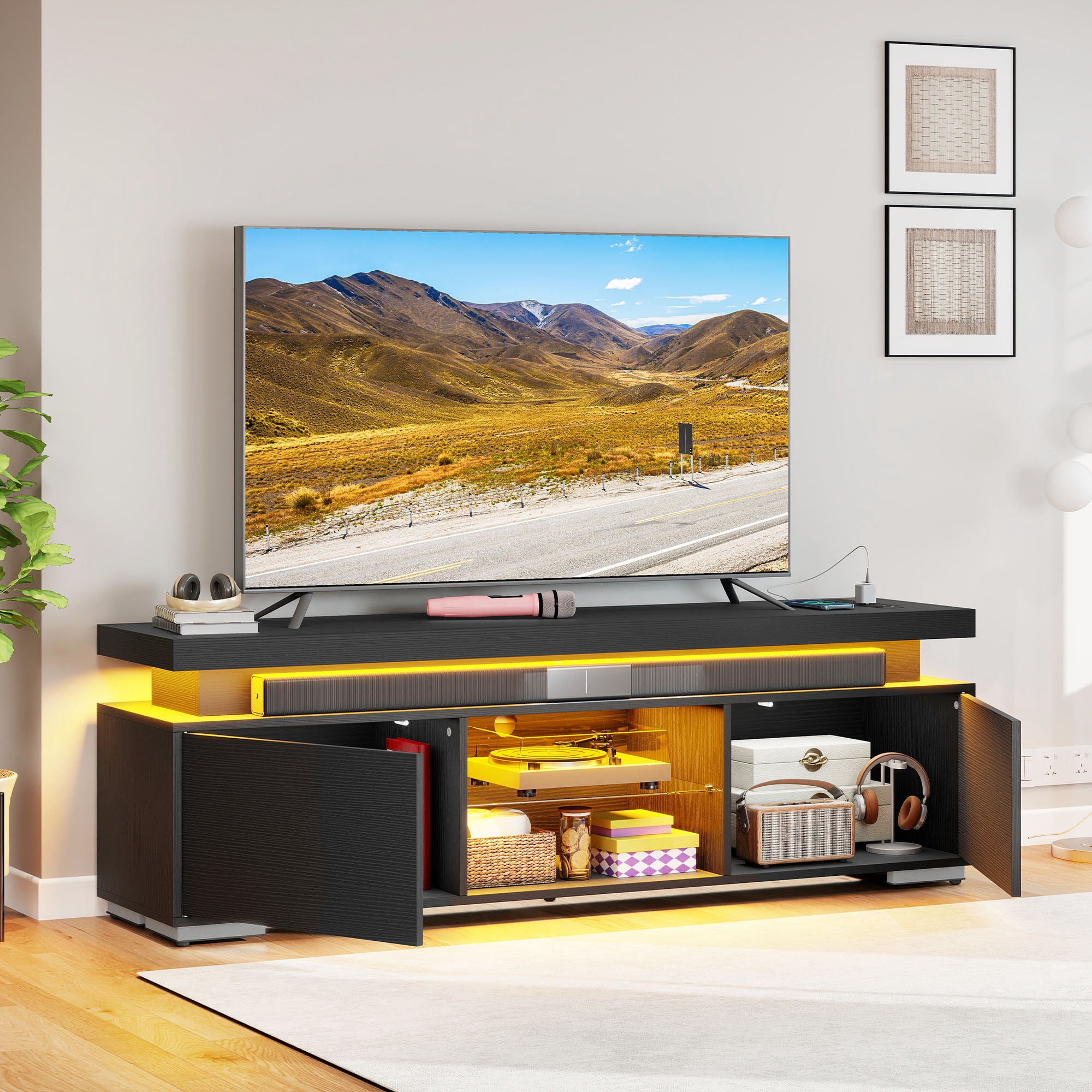 Uforic TV Stand for 65 inch TV with LED Light, Modern Entertainment Center TV Console Media Cabinet, Black