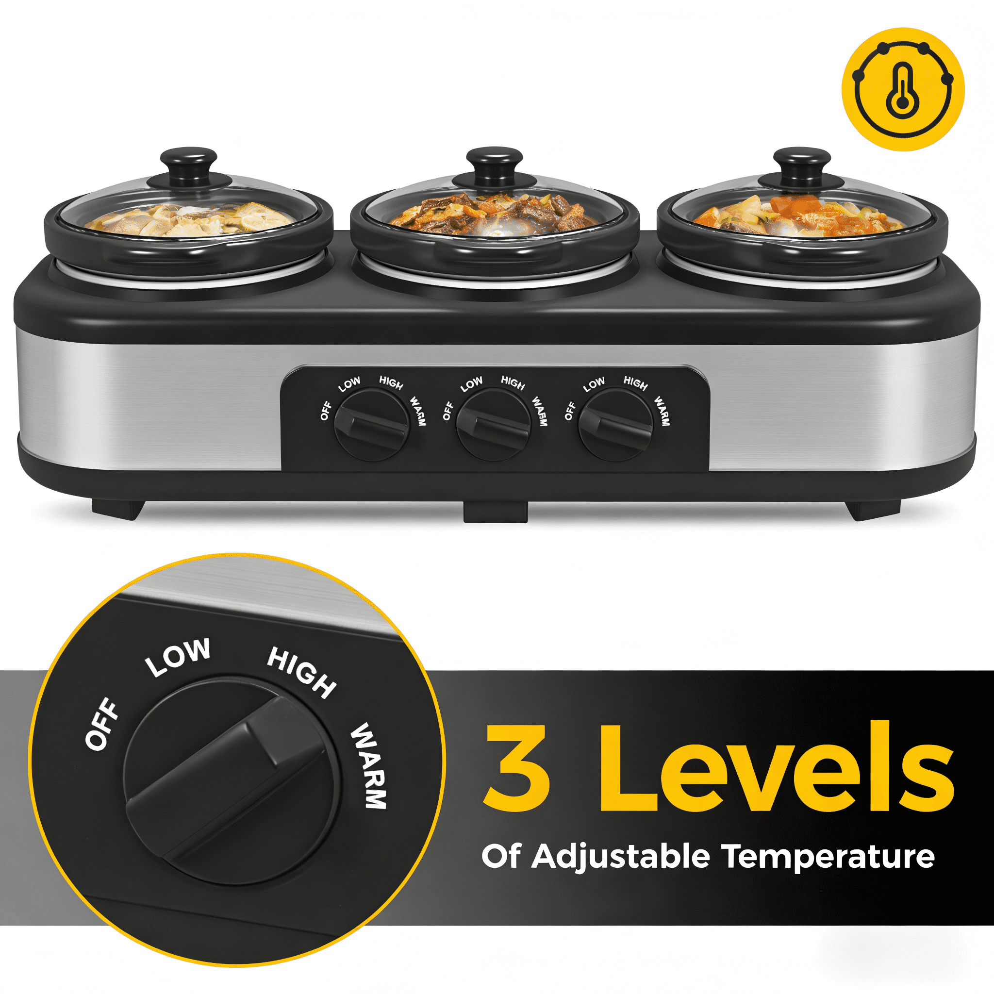3 Pot Slow Cooker Set, Triple Slow Cooker with 3×1.5QT Removable Ceramic Crocks, 4.5QT Total, Adjustable Temperature for Family Dinner & Party,SL