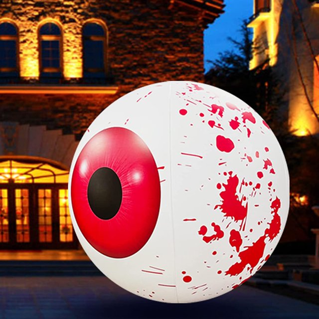 Bola inflable de PVC para Halloween, 23,6 pulgadas, con ojos inyectados en sangre, bola inflable decorada con control remoto y 12 colores LED