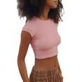 thumbnail image 3 of xiaxaixu Women Short Sleeve Crop Tops Solid Color Crew Neck Slim Fit Knitted Ribbed T-Shirts Summer Exposed Navel Shirts, 3 of 5