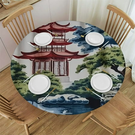 

BCIIG Pagoda Trees Pond Round Table Cover Stain Resistant 100% Polyester Table Cloth for Indoor Outdoor Dining Wedding Parties 42 -46