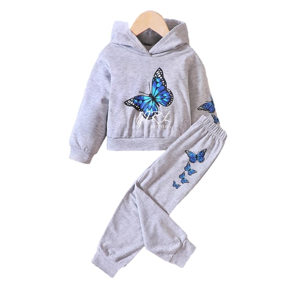 Chenyin Kids Toddler Girls Sweatshirt Outfit Cotton Hooded Long Sleeve Butterfly Printing Sweatsuit and Sweatpants Spring Fall Tracksuit Clothing 2PCS Set for Girls 3T-10T