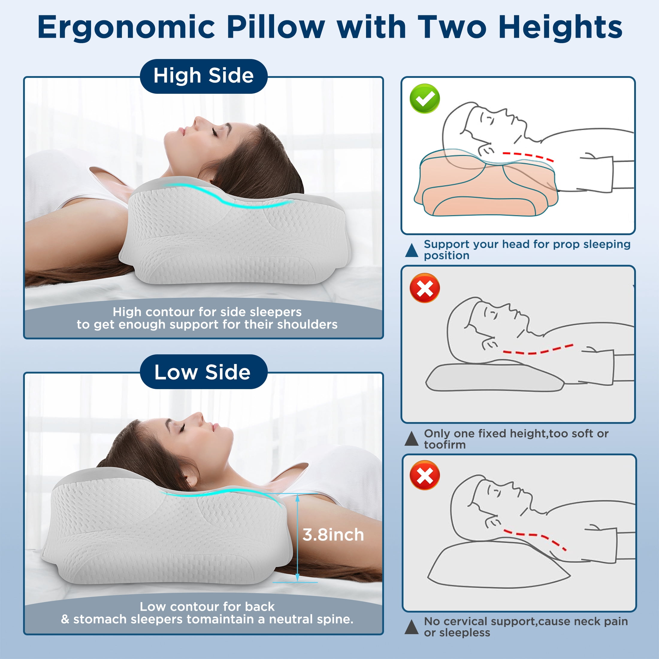 MOONORAH Cooling Bed Pillow for Neck & Shoulder Pain Relief, Cervical Support Contour Pillow for Side, Back, Stomach Sleepers, Orthopedic Memory Foam with Cooling Cover,Gray & White