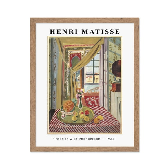 Poster Master Vintage Henri Matisse Poster - Retro Fauvism Print - Gift for Artist, Friend - Interior with Phonograph, Window, Pineapple, Flower - Wall Decor for Home, Hotel, 8x10 Beige Framed