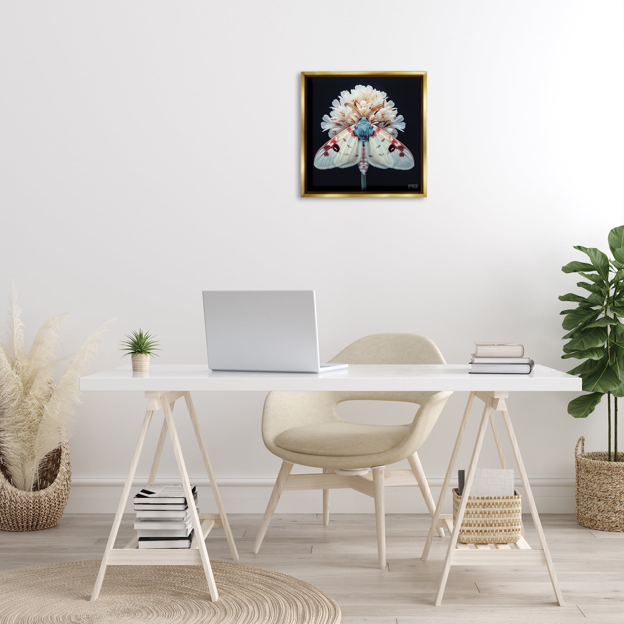 Stupell Industries Moth & White Flowers Animals & Insects Painting Gold Floater Framed Canvas Art Print Wall Art, 18 x 18