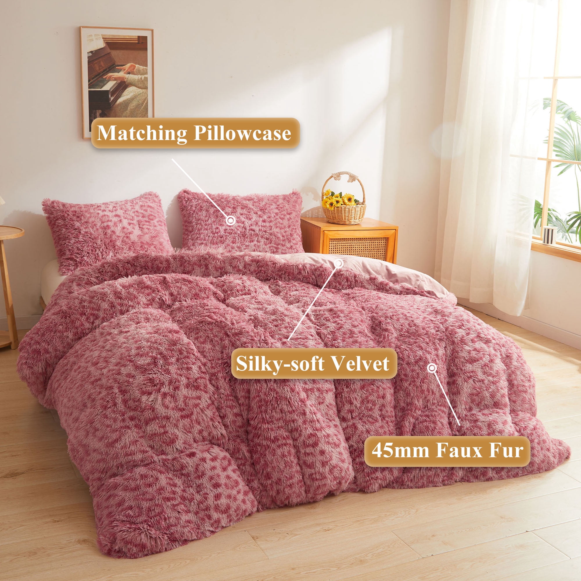 XeGe Cheetah Print Fluffy Faux Fur Duvet Cover Set, 3 Pieces Soft Plush Shaggy Fuzzy Bedding Set(1 Faux Fur Leopard Print Comforter Cover + 2 Furry Pillowcases), Zipper Closure(Queen, Pink)