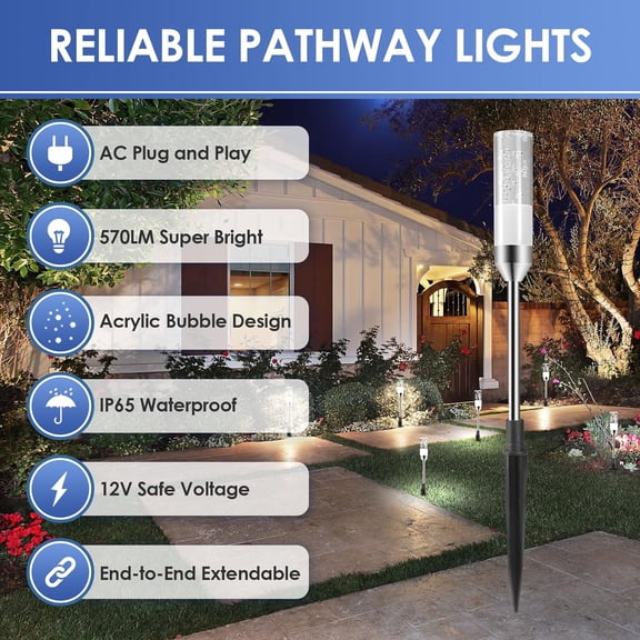 Outdoor Pathway Lights, 6 Pcs LED Path Lights AC Plug 12V Low Voltage Landscape Lighting 570 Lumens, Extendable IP65 Waterproof Outdoor Garden Light for Yard Walkway, Cool White 6000K