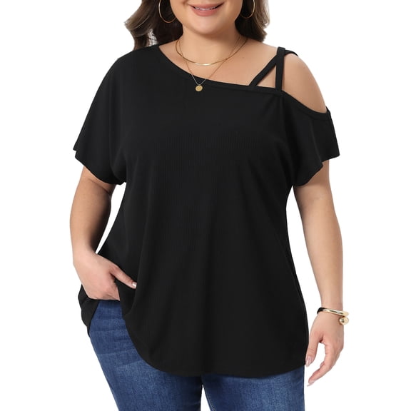 Agnes Orinda Women's Plus Size Top Boat Neck Criss Cross Off One Shoulder Short Sleeve T-Shirts Summer Casual Knit Blouses 1X Black