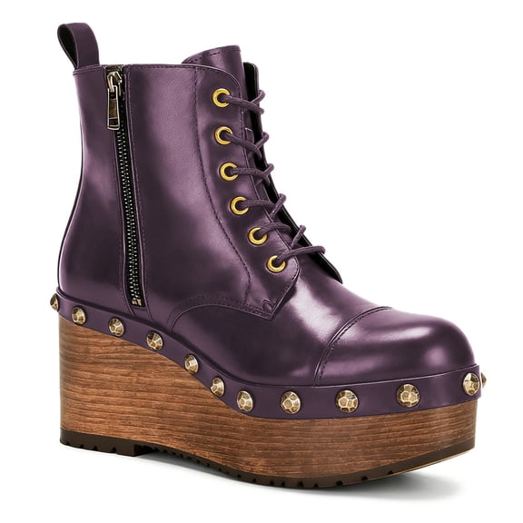 YDN Women's Round Toe Side Zip Ankle Boots Studded Wedge Mid Heels Lace Up Platform Booties Work Daily Event Shoes Size 7 Purple