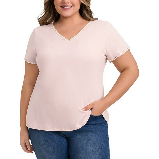 GRACE & GRANDEUR Blusas de Talla Grande para Mujeres con Recorte de Croché, Cuello en V, Manga Corta, Top Casual Elegante 4X Rosa Claro