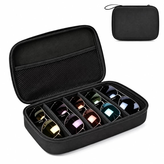 Travel Multi-Slot Sunglasses Organizer Bag, Adjustable 5-Grid Hard Fabric Eyeglasses Storage Case with Mesh Pocket & Carry Strap for Men Women Travel Dresser