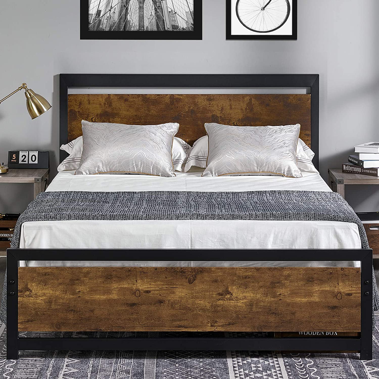 Cinak Full Size Bed Frame With Wood Headboard Metal Platform Bed With