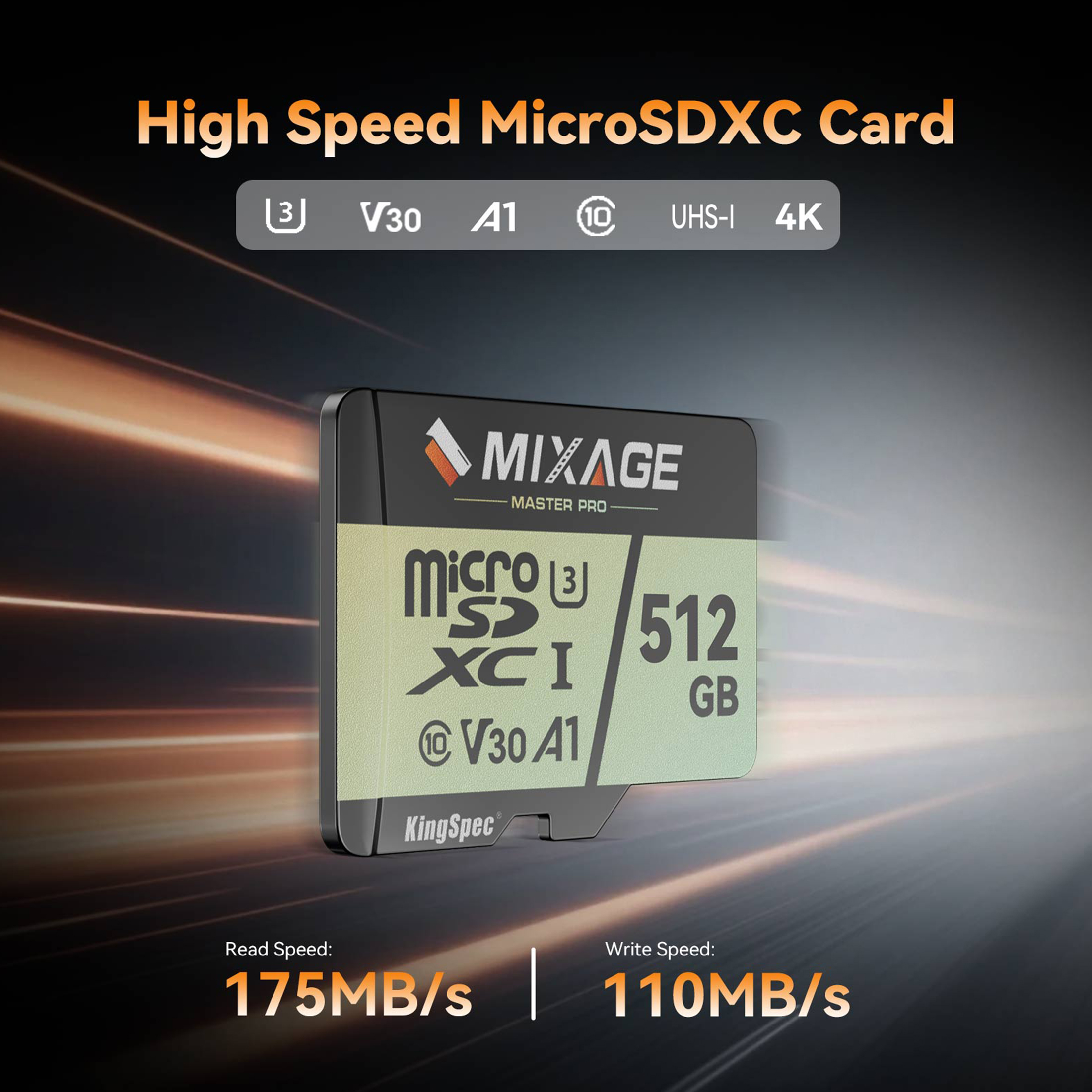KingSpec MIXAGE 64GB 3 packs with Adapter SDXC U3 V30 A1 UHS-I Micro SD Flash Memory Card, 175MB/s Read 110MB/s Write 4K UHD for Android Phones, Gaming Consoles, Dash Cam Security Action Cameras
