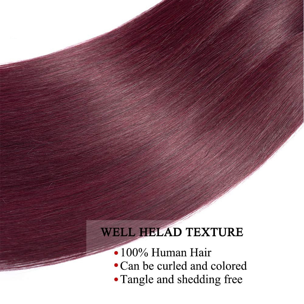 Straight Hair Bundles with Frontal Double Weft Brazilian Human Hair Weaves 3 4 Bundles with 13x4 HD Lace Frontal 99j Burgundy