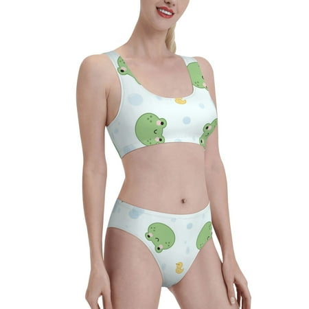Uemuo Kawaii Frogs Printed Women s High Waisted Bikini Sets Sporty Two Piece Swimsuits Color Block Cheeky High Cut Bathing Suits-Large