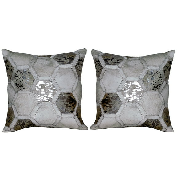 Hilason Set Of 2 Cowhide Leather Hair-On Patchwork Cushion Pillow Cover 16 X 16