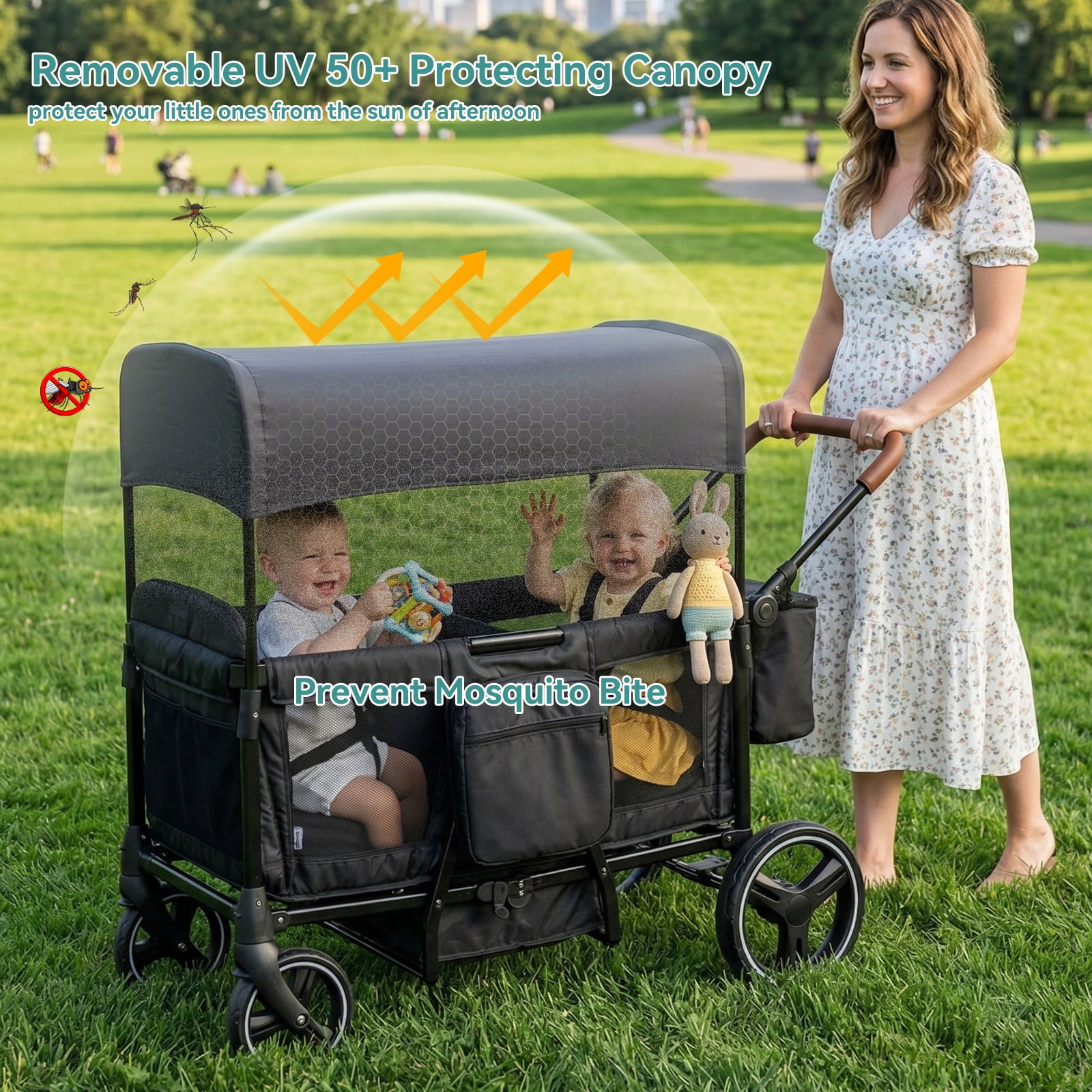 Folding Push Pull Wagon Stroller for 2 Kids – Adjustable Canopy UPF 50+ and Mosquito Net, 5-Point Harness, All-Terrain Wheels, Large Storage with Snack Tray, Ideal for Baby Toddler Park Beach Travel
