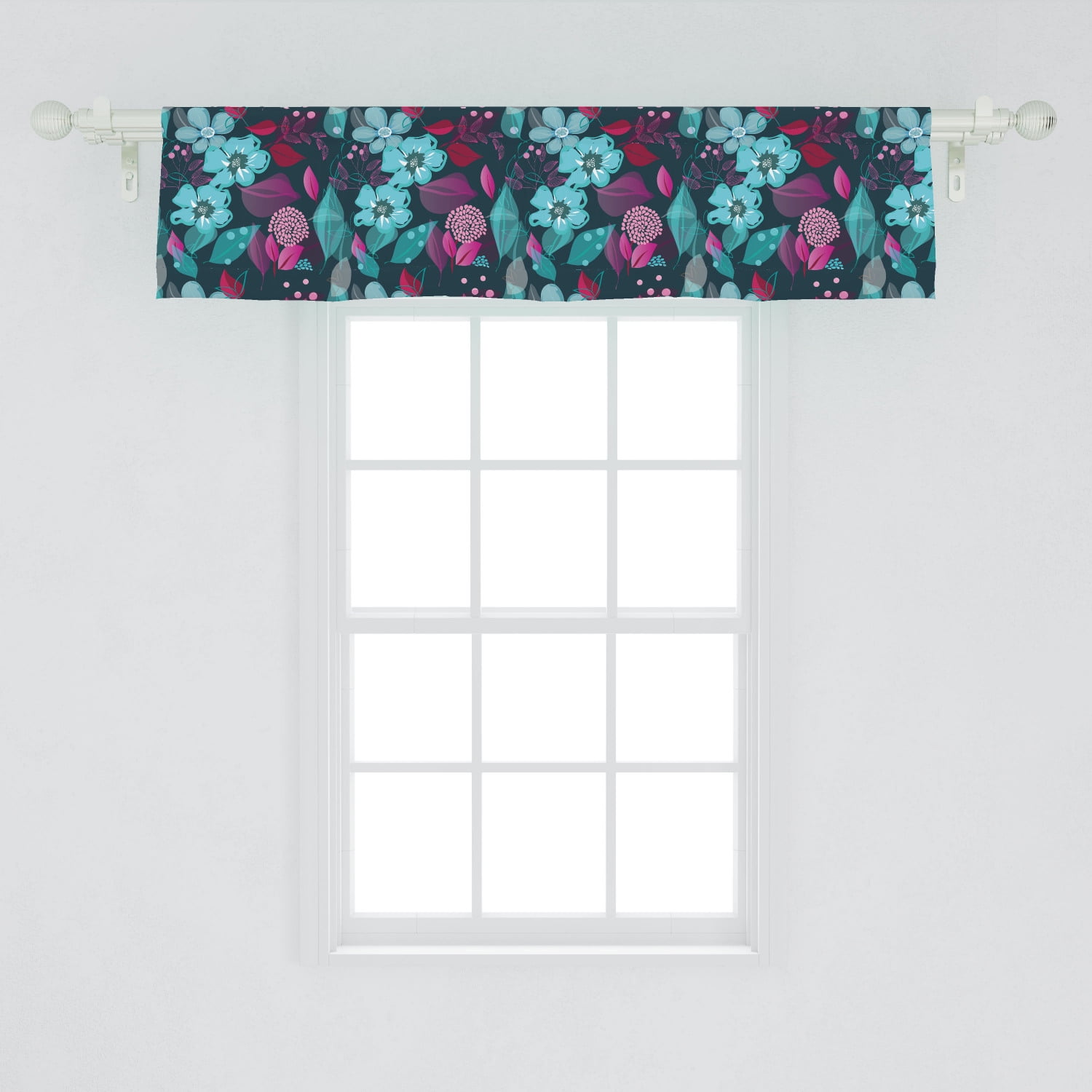 Flower Window Valance, Flow of Pale Blue Blossoms and Colorful Leaves ...