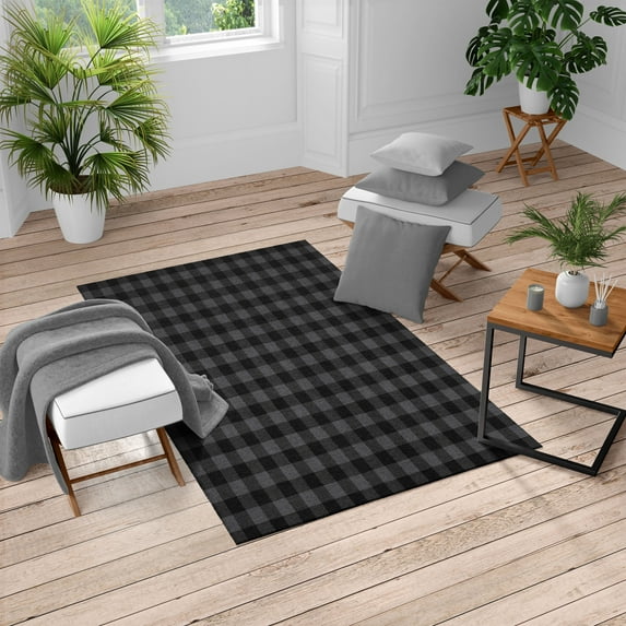 Plaid Turkish Area Rug, Lumberjack Fashion Buffalo Checks Pattern Retro Style Grid Composition, Soft Carpet for Living Room Decor with Distressed Look, 2.6' x 5', Black and Grey, by Ambesonne