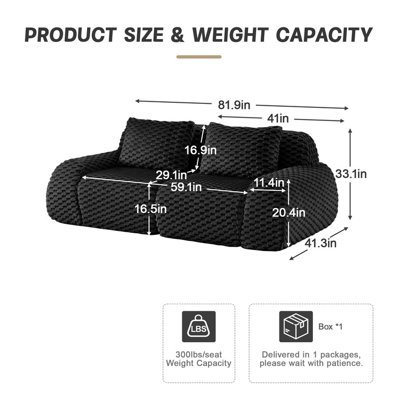82" Modern Modular Sectional Sofa for Living Room,Flannelette Fabric,highly textured,Oversized 2-Seater Couch with Deep Seat,Buckle connection,Anti-slip Design,No Assembly,boneless sofa,Black