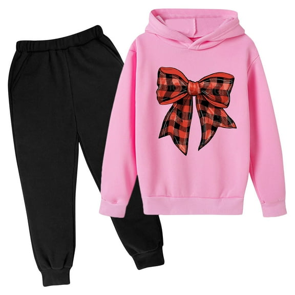 Eltusu Girls Outfit Sets 2 Pieces, Pullover Elastic Bottom Long Sleeve Hoodies and Sweatpants Set Pink Size 10-12 T