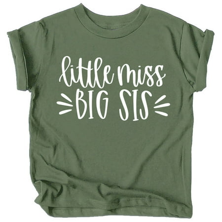 

Pregnancy Reveal Big Sister Announcement Little Miss Big Sis T-Shirts White on Military Green Shirt 2T