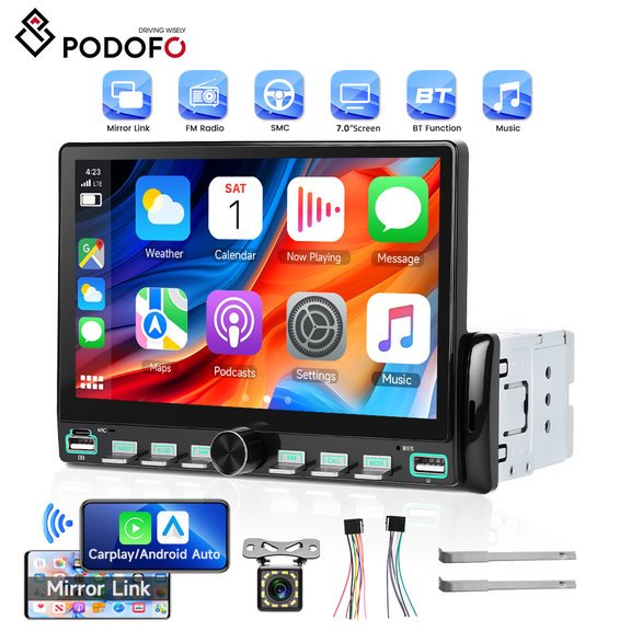 Podofo 7’’ Single Din Car Stereo with wireless CarPlay/Android Auto,Mirror Link, Rear View Camera USB&Type-C FM SWC BT EQ MIC