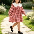 thumbnail image 6 of hotojiny Toddler Girls Gingham Dress Checkered Long Sleeve A-Line Plaid Dress Cute Crew Neck Collared Kids Flowy Dress(Red,7-8 Years), 6 of 7