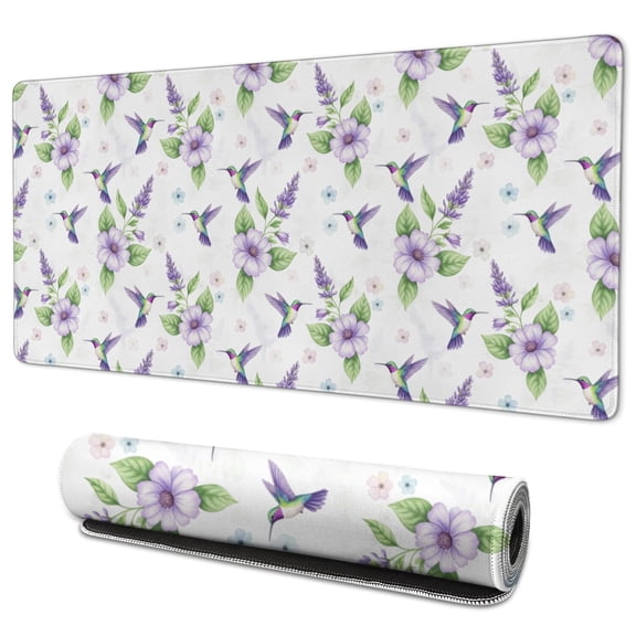 35.4x15.7 Inch Gaming Mouse Pad, Non-Slip Stitched Rubber Desk Mat for Desktop & Laptop,Hummingbird Floral Lavender White Pattern