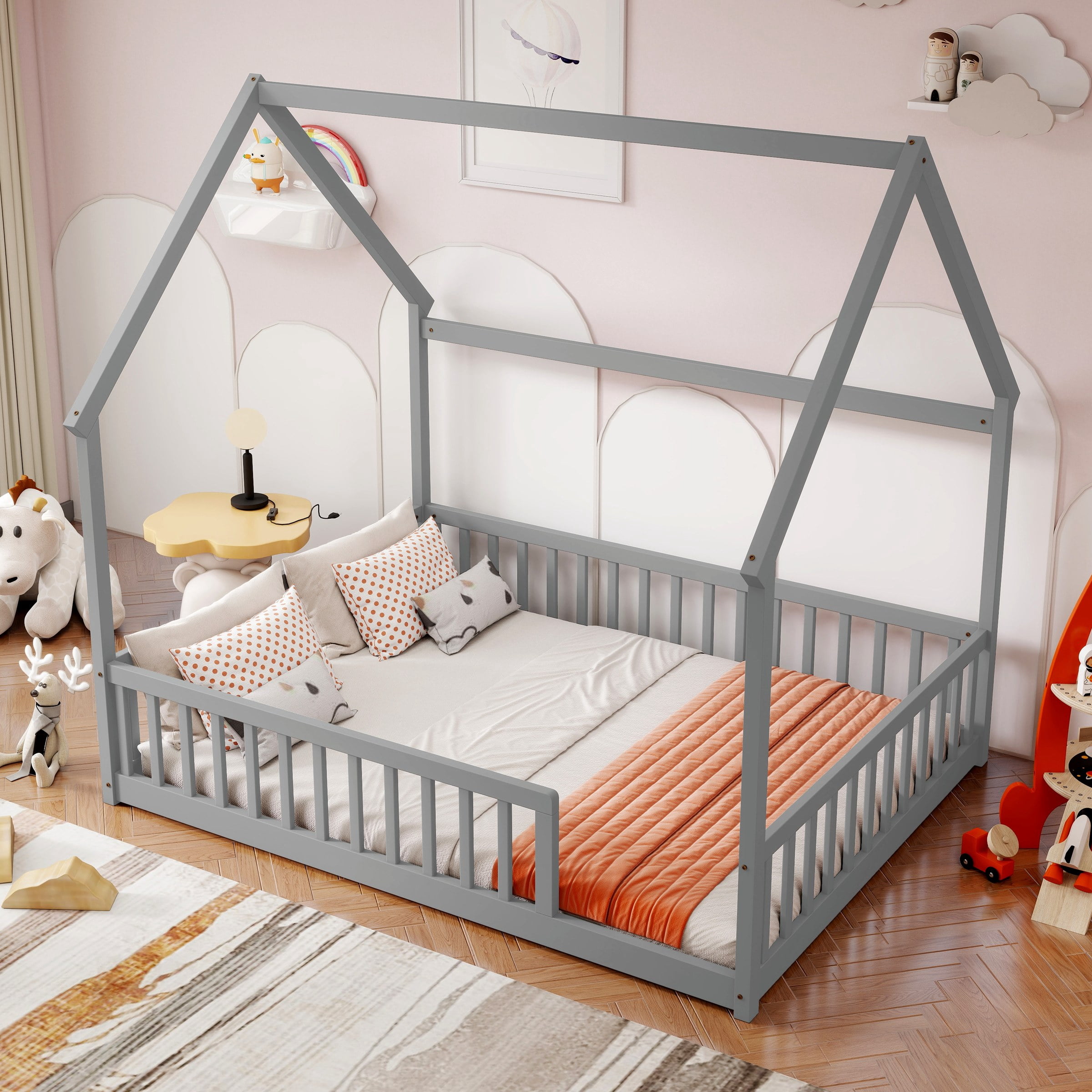 Full Size House Floor Bed with Roof Frame, Pine Wood Floor Bed with Safety Guardrails, Grey