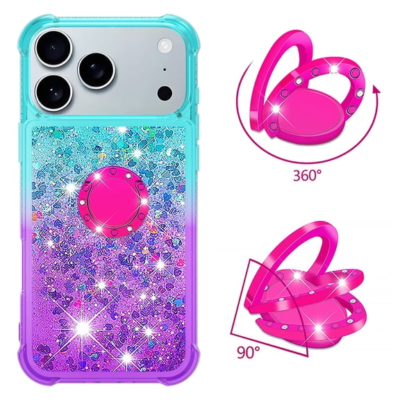Phone Case for iPhone 17 Pro Max Case with Ring Kickstand, Cute Glitter Bling Sparkle Quicksand Flowing Liquid Clear Gel Silicone ShockProof Cover Girls-B1