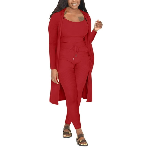 HBFAGFB Pantsuits for Women Casual Fall Winter 3 Piece Set Ladies Long Top Slim Fit Pants Red Size XXL