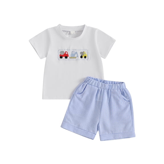 Baby Toddler Boy Shorts Set 3 6 12 18 24 Months 2T 3T Truck Embroidery Short Sleeve T-shirt Plaid Elastic Waist Shorts 2 Piece Summer Outfit