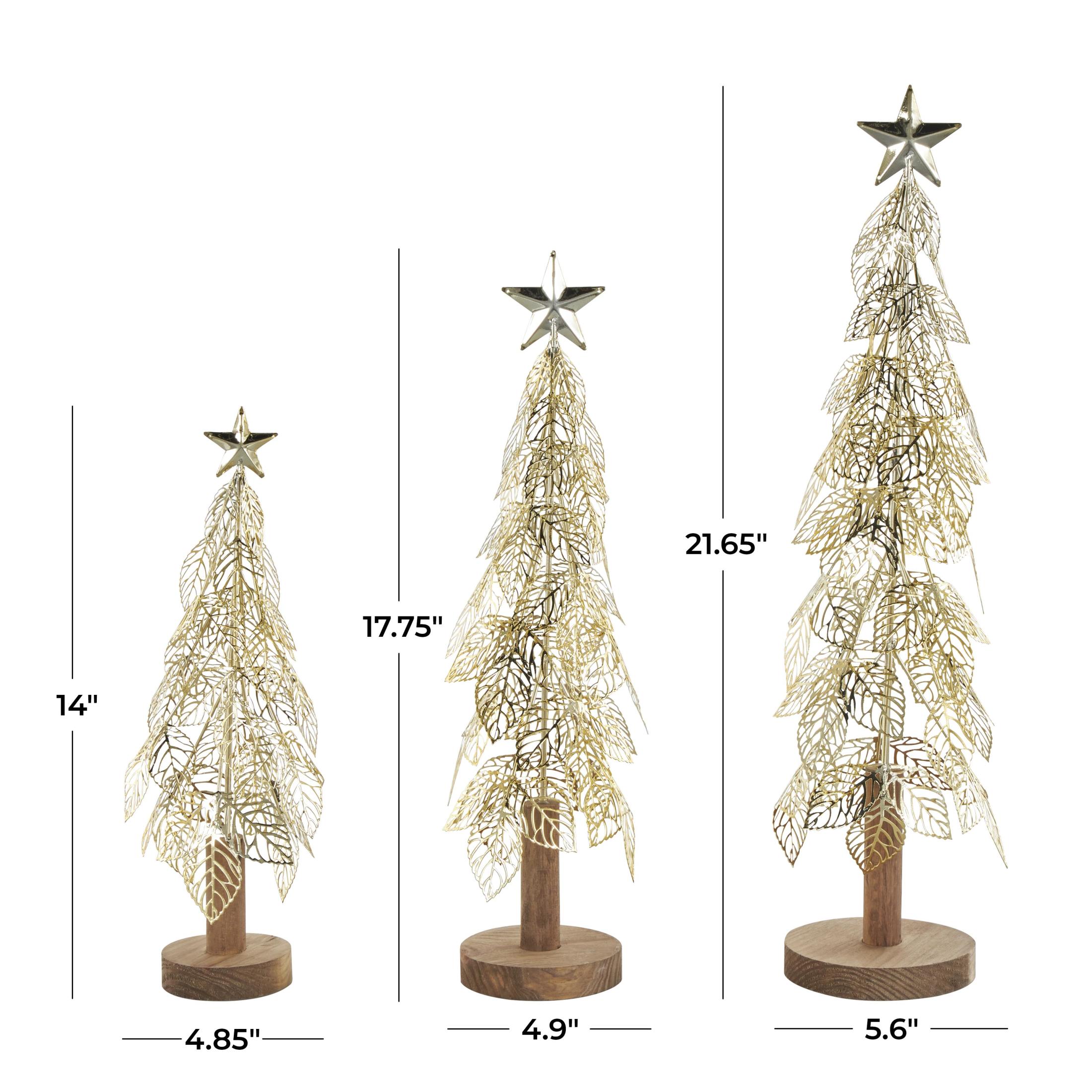 22", 18", 14"H Gold Metal Holiday Cutout Leaf Tree Christmas Sculpture with Wooden Base and Star Topper, by DecMode (3 Count)