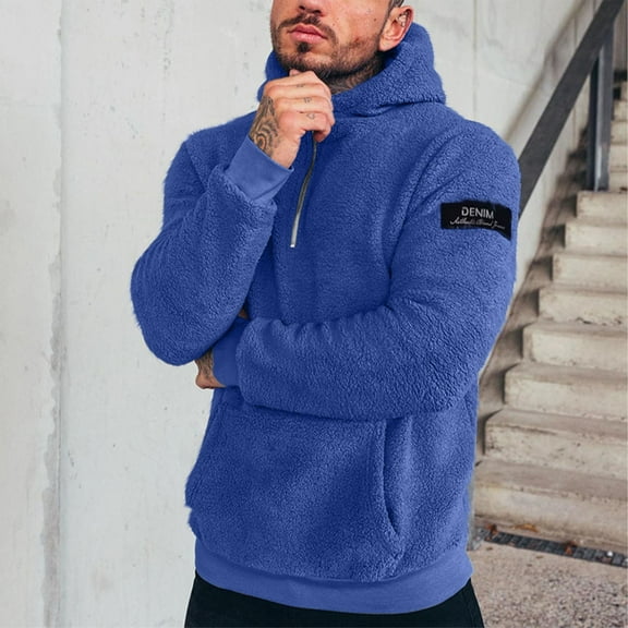 CQONEPT Men's Sherpa Fleece Winter Sweatshirts 1/4 Zip Fluffy Hoodies Cozy Soft Warm Pullover Tops with Pockets Blue M