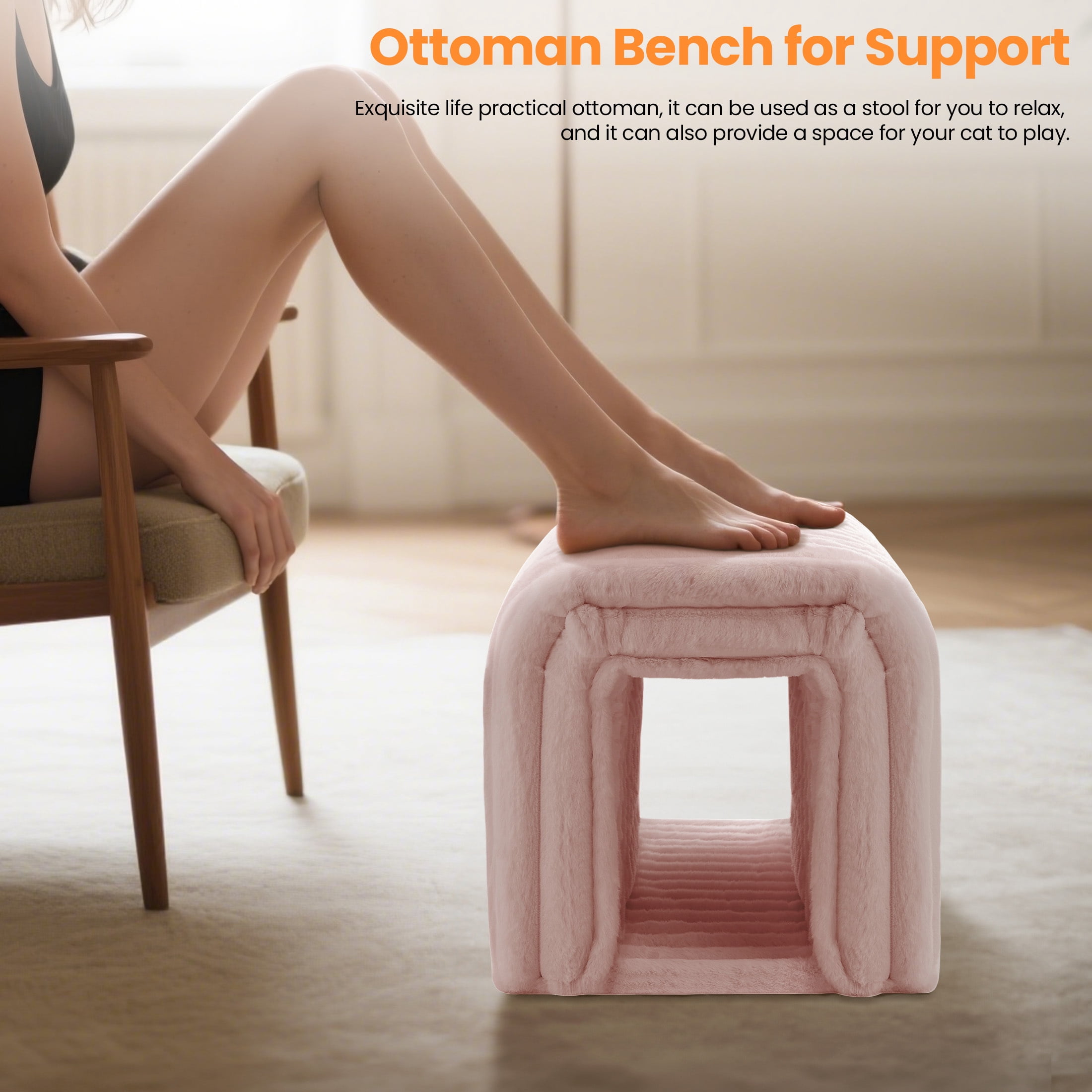 AENKYO Storage Ottoman Bench with Cat Hideaway, Plush Upholstered Footrest Seat with Hidden Compartment, Pink