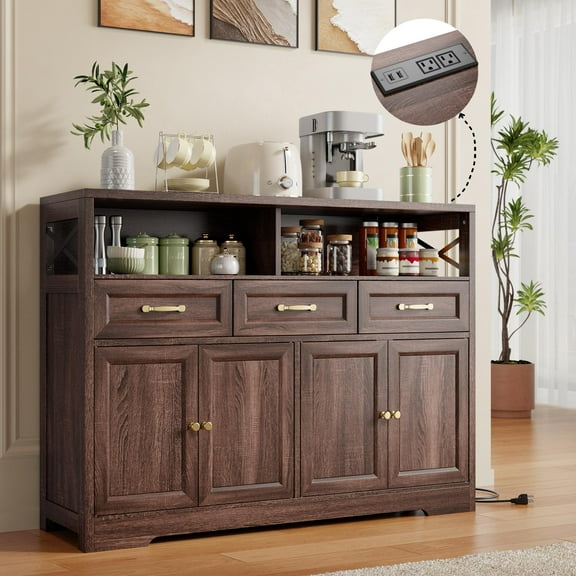 Noelse 51" Buffet Sideboard Cabinet with Charging Station, Coffee Bar with 3 Drawers, 4 Doors & Adjustable Shelves, Kitchen Storage Cabinet for Dining Room, Living Room, Dark Brown