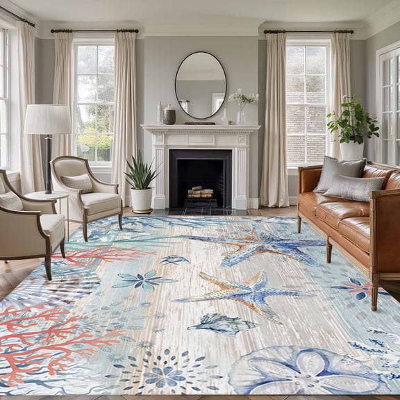 Large Area Rug 6'x9',Coastal Starfish Non-slip Runner Carpet for Living Room/Bedroom/Office,Blue Nautical Coral Seashell Wooden Outdoor Indoor Rectangle Area Rugs Floor Mat for Kitchen/Dining Room