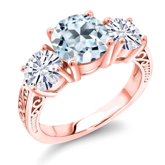 Gem Stone King 18K Rose Gold Plated Silver Sky Blue Topaz and White Moissanite Engagement Ring for Women | 4.10 Cttw | Round 8MM | Gemstone November Birthstone | Size 8