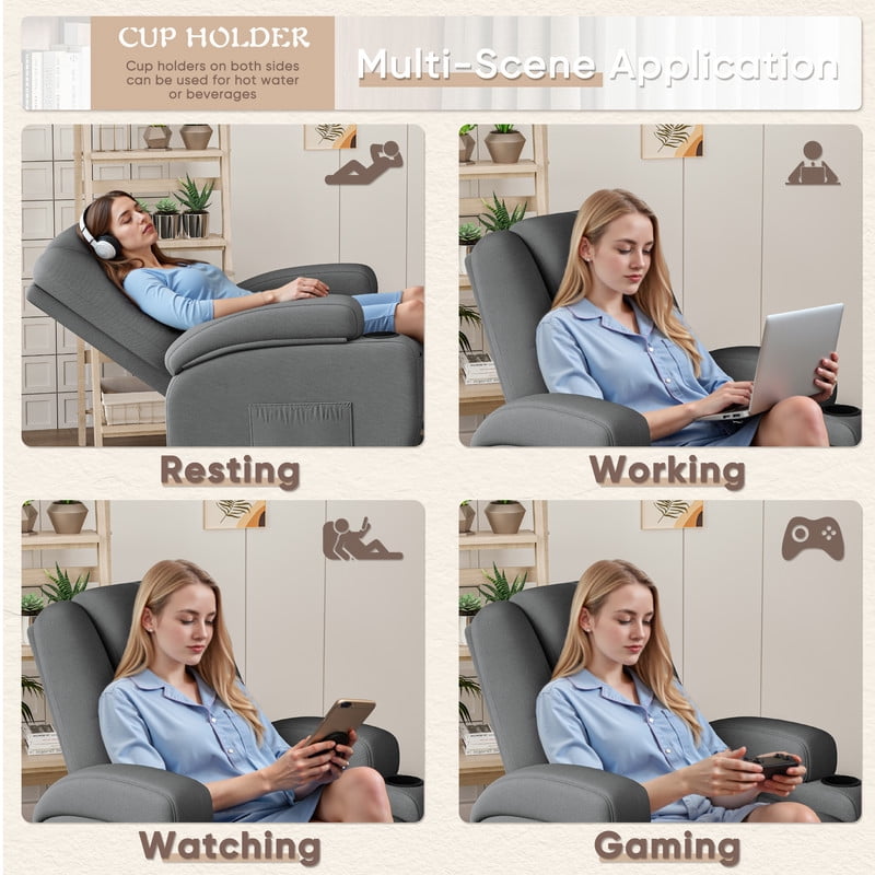 Vineego 360° Swivel Recliner Oversized Massage Rocking Chair Nursery Chair Power Living Room Furniture With Two Cup Holder,Gray
