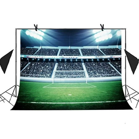 HelloDecor Polyster 7x5ft Football Field Photography Backdrop Lawn Lighting Auditorium Crowd White Goal Background Photo Booth Studio Props Party Business Use