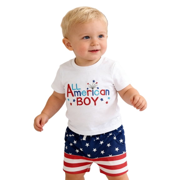 HAYIMI Boys Outfit Sets 4th Of July Outfit Patriotic Letter Embroidery Short Sleeve Shirt And Shorts Casual Summer Play Fashion Party Clothes Sets for Special Occasion