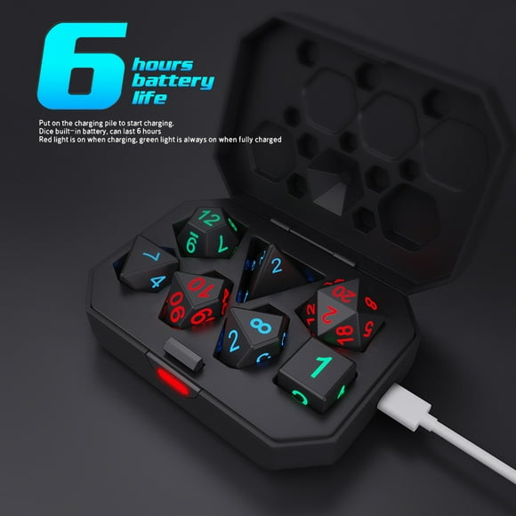 dés Lumineux avec Boîte de Charge, 7 dés Électroniques Rechargeables USB, MDN Brillant dans le Noir pour Jeux de Table, Donjons et Dragons, Jeux D&D, TTRPG