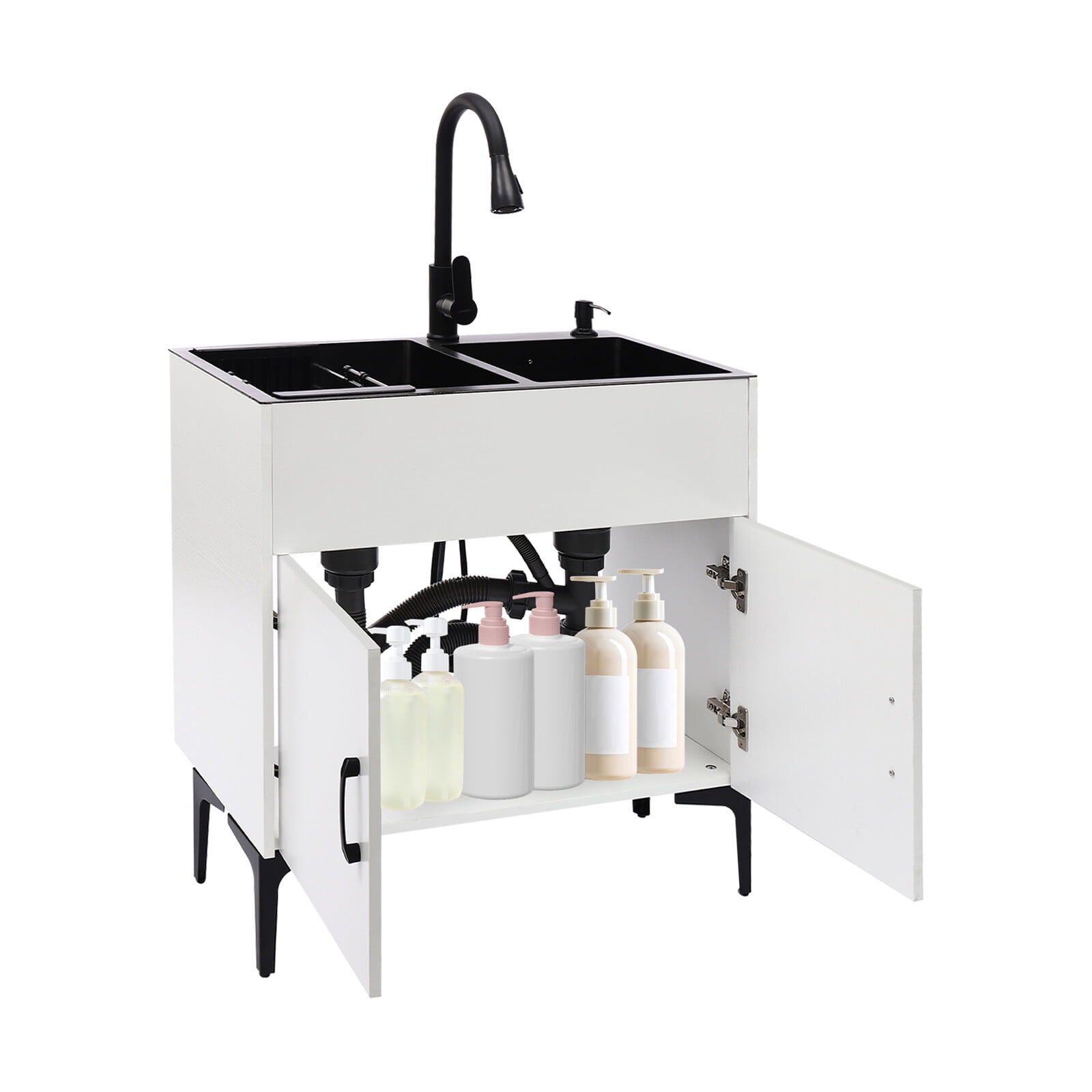 Pull-Out Sprayer Faucet Utility Sink & Stainless Steel Laundry Sink with Cabinet