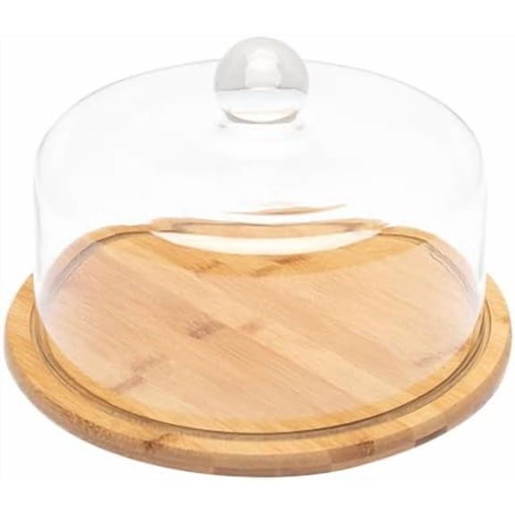 Glass Dome Cake Display Stand with Bamboo Tray, Cake Stand with lid, Holder with lid, 9.25 Inch Pastry Plate for Home Use, Party Trays and platters