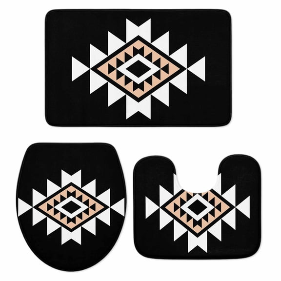 Black White Beige Boho Bath Mat 3 Piece Bathroom Rug Set, Western Geometric Aesthetic Non Slip Bath Rug Contour Mat and Toilet Lid Cover, Absorbent Shower Mats Soft Bath Rugs and Mats Sets