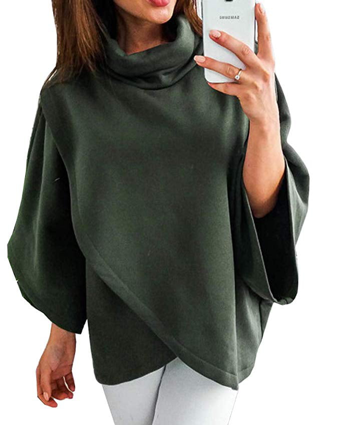 Women's Fleece Poncho Wrap Pullover Turtleneck Batwing Sleeve Sweater