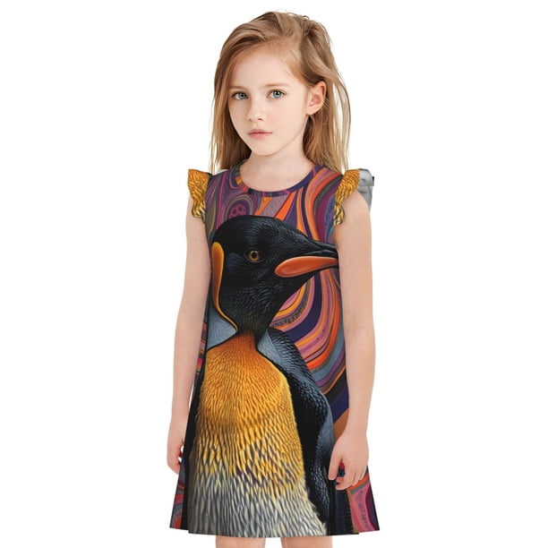 Fotbe Abstract Pattern Penguin Vestido de Dormir para Niñas de 3 a 10 Años, Mangas Cortas, Estilo Princesa, Pijama Camisón con Mangas Voladas-Small