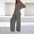 thumbnail image 5 of Zeijnsda Womens 2 Pieces Sets Thin Relaxed Solid Color Lounge Sets V-Neck Long Sleeve Tops and Straight-leg Pockets Trousers Daily Leisure Sets, 5 of 6