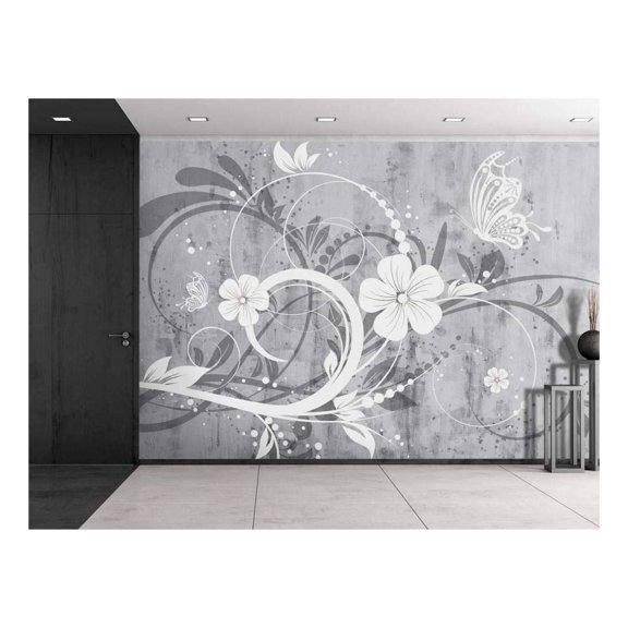 wall26 - Spiral Floral Graphic on a Grayscale Grungy Texture with a Vignette Effect Around It - Wall Mural, Removable Vinyl Wallpaper, Home Decor - 100x144 inches